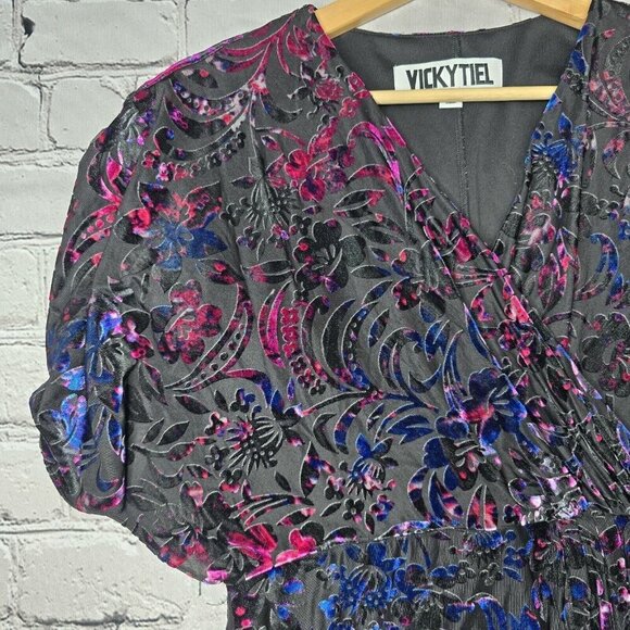 Vicky Tiel Velvet Black Blue Pink Short Sleeve Wrap Effect Dress Size L - Picture 4 of 11